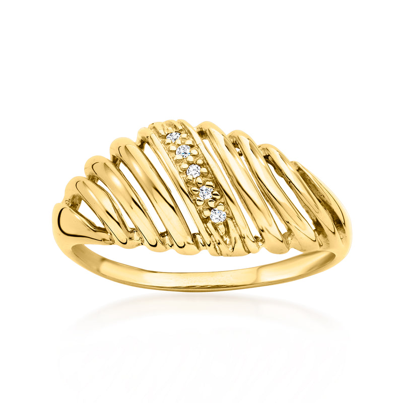 10kt yellow gold ribbed diamond band ring with round stone accents, vintage style