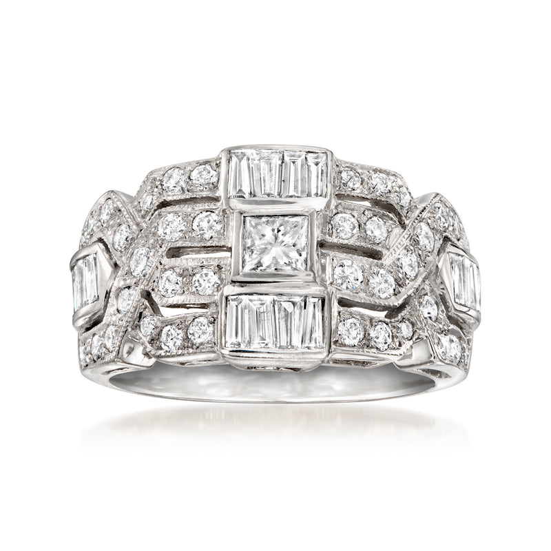 Vintage crisscross diamond ring with rectangular center in white gold