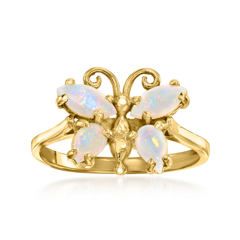Vintage opal butterfly ring in 14kt yellow gold with iridescent stones