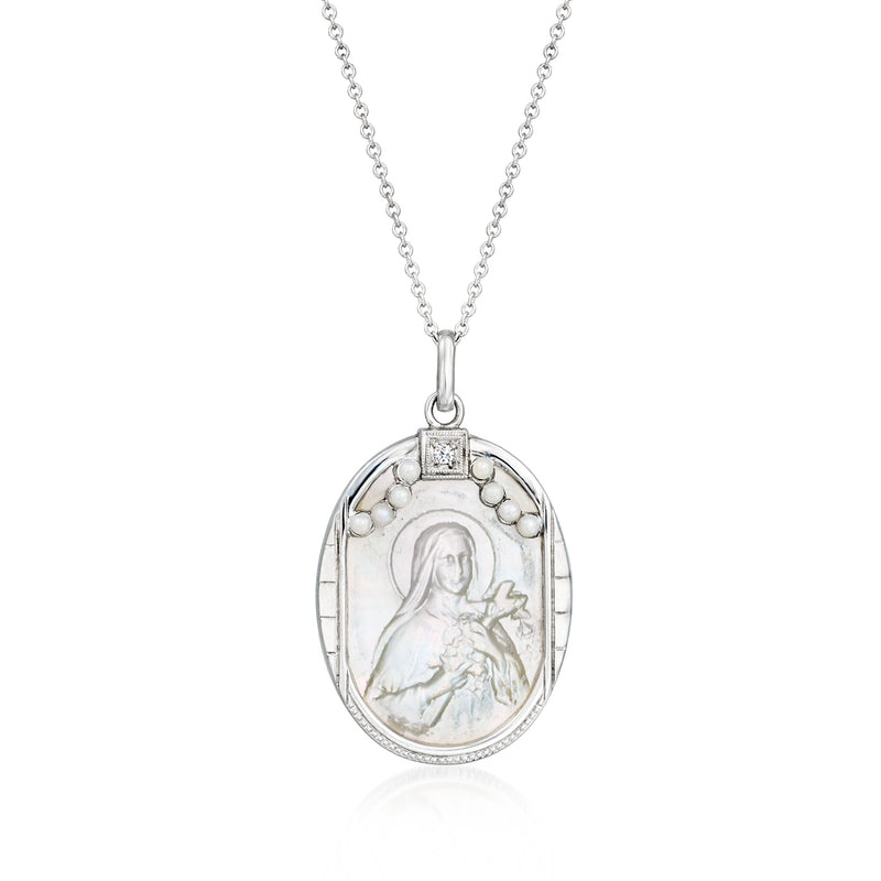 Vintage mother-of-pearl religious cameo pendant necklace, oval figure on white gold chain