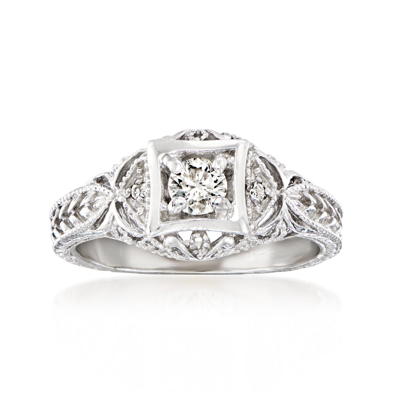 Vintage 14kt white gold diamond ring with square halo and milgrain details