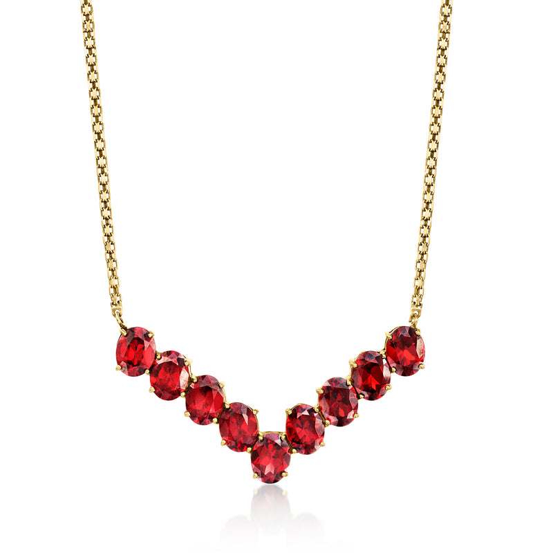 10kt yellow gold necklace with red garnet V-shaped row of gemstones and chain links