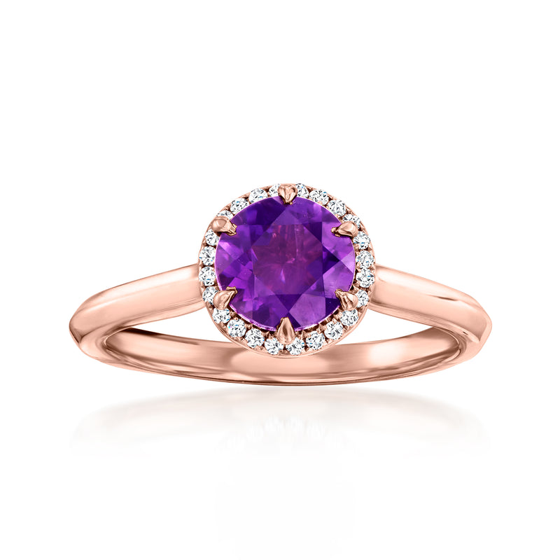 Rose gold amethyst ring with round purple stone and diamond halo
