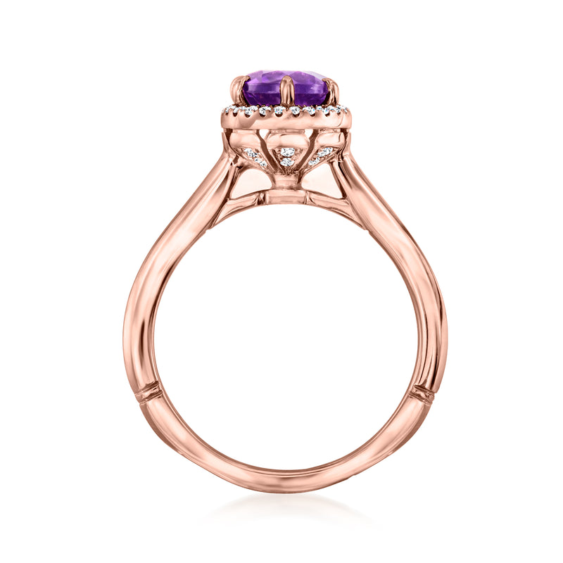 Rose gold amethyst ring top view with diamond-set halo and split shoulders