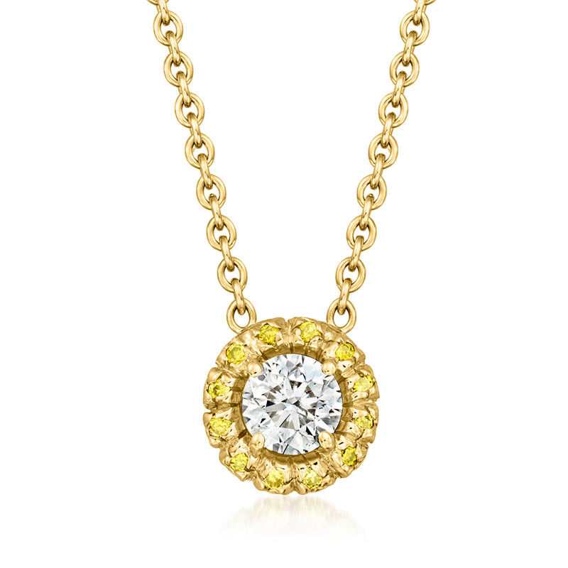 18kt yellow gold necklace with round white diamond center and yellow diamond halo pendant