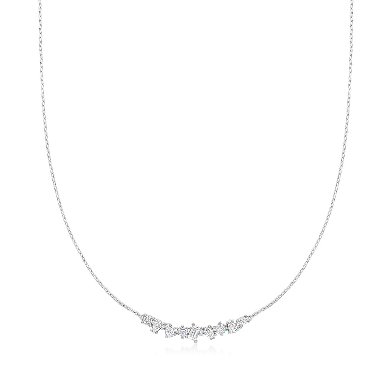 Sterling silver CZ tennis-style necklace with small multi-shaped stones along the chain