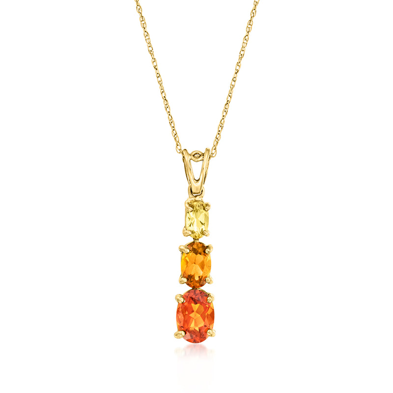 10kt yellow gold pendant necklace with three oval citrine stones, clustered setting