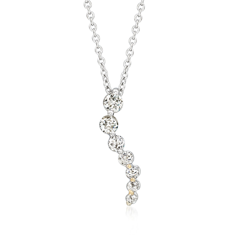 10kt white gold diamond journey necklace with five round diamond stations, pendant