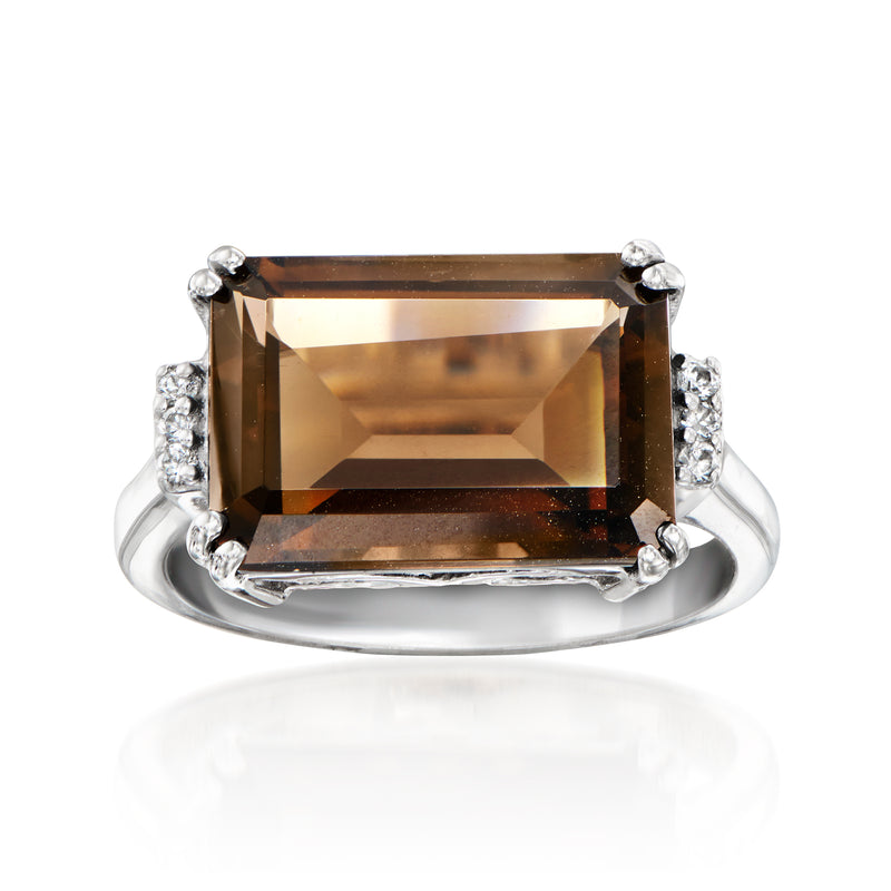 Sterling silver ring with large smoky quartz center and white zircon side stones