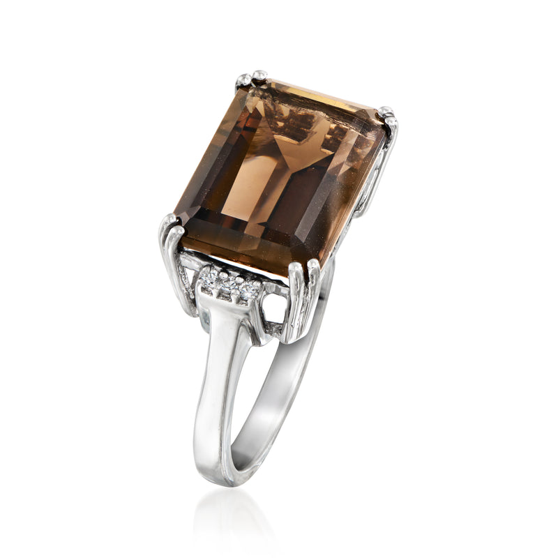 Sterling silver ring with rectangular smoky quartz and bright white zircon accents
