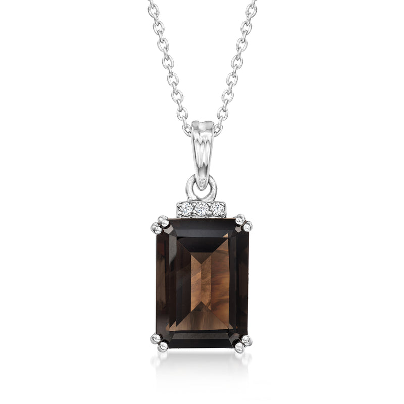 Sterling silver pendant necklace with smoky rectangular gemstone and white zircon halo