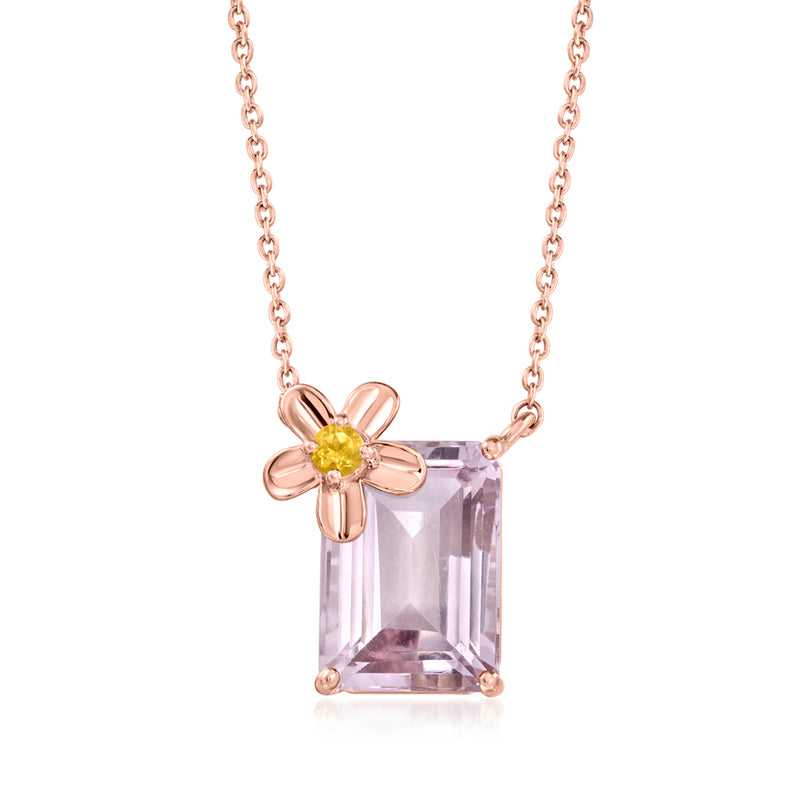 Rose gold flower pendant necklace with amethyst square stone and yellow tourmaline center