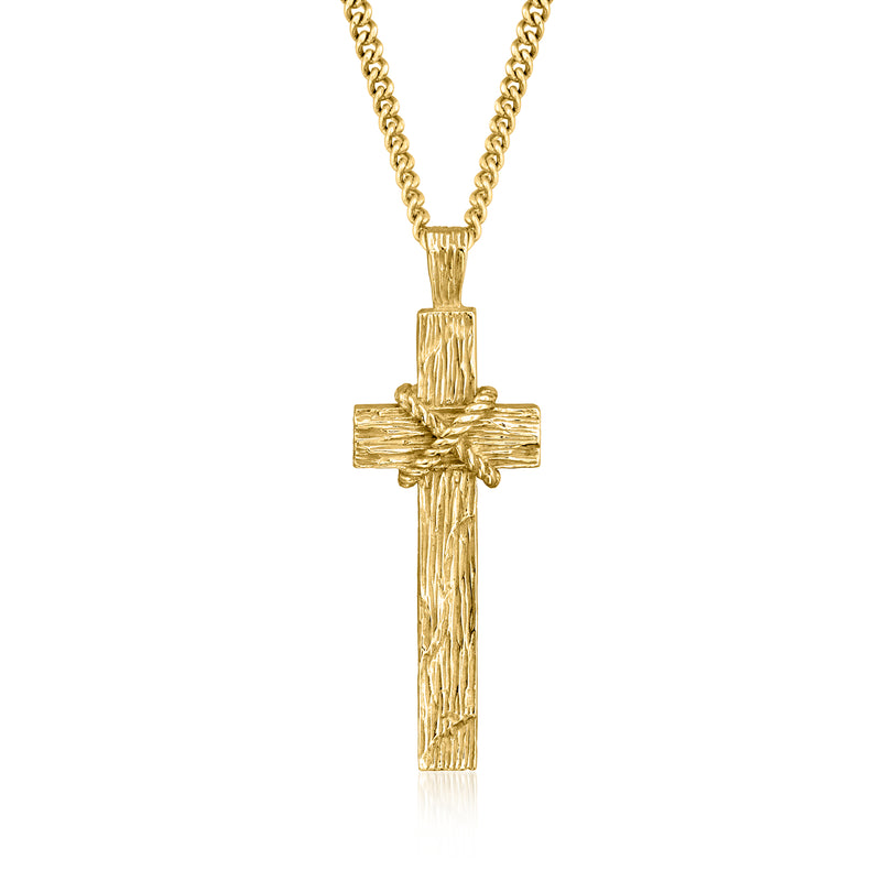 Vintage 14kt yellow gold cross pendant necklace with textured cross and rope chain