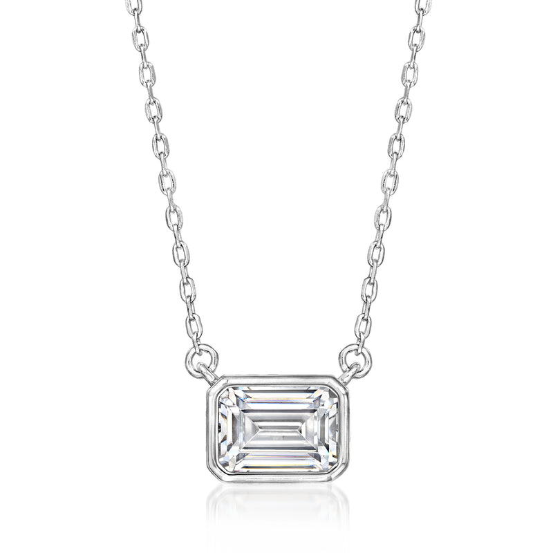 Sterling silver necklace with emerald-cut CZ pendant, four-sided prongs, box chain