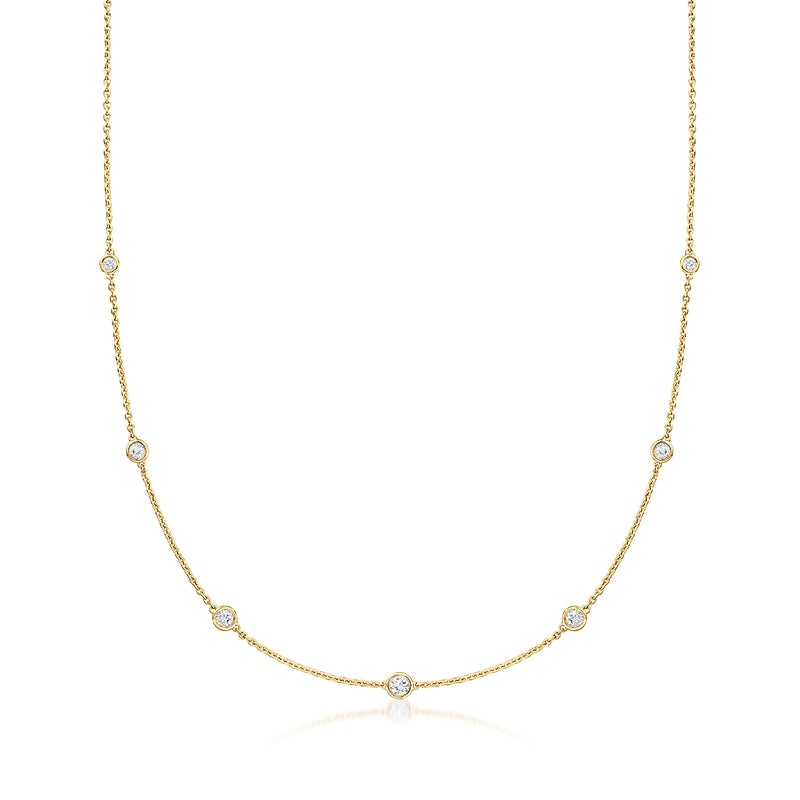 14kt yellow gold diamond station necklace with round bezel-set diamonds
