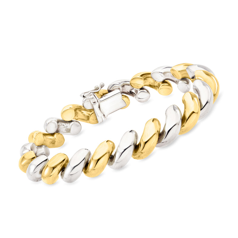 Two-tone gold over sterling and sterling silver San Marco link bracelet, hinged clasp