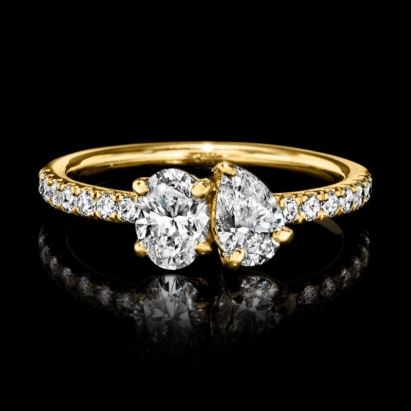 14kt yellow gold toi et moi diamond ring with pavé band
