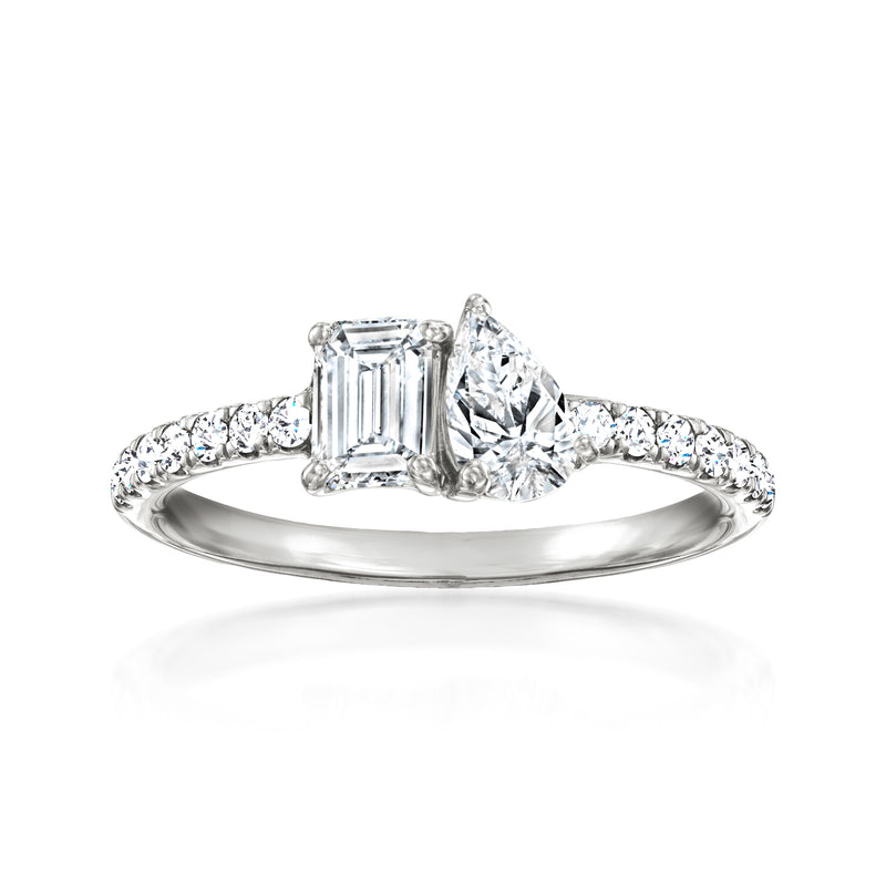 Toi et Moi diamond ring in 14kt white gold with emerald-cut and pear-shaped stones