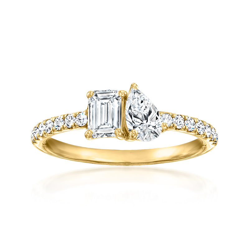 14kt yellow gold toi et moi ring with emerald-cut and pear-cut diamonds
