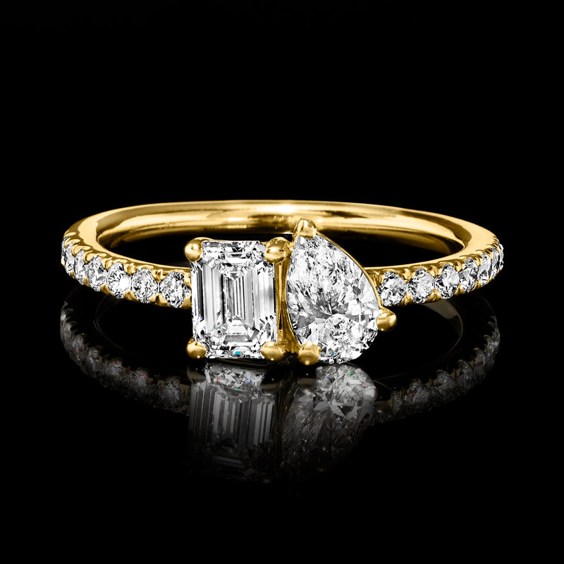 14kt yellow gold Toi et Moi ring with emerald-cut and pear lab-grown diamonds
