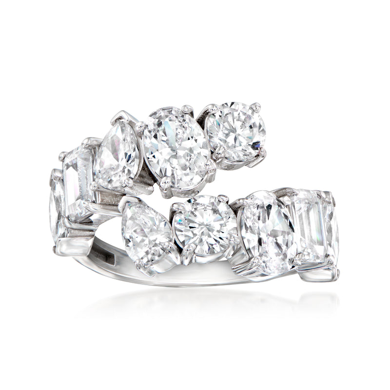 Sterling silver bypass ring with five oval and baguette CZ stones, prong-set.