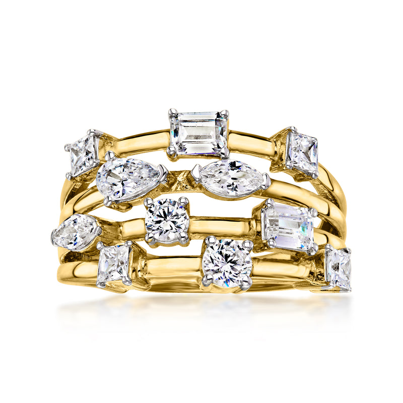 Gold over sterling CZ multi-row ring with oval, round, and baguette-cut stones