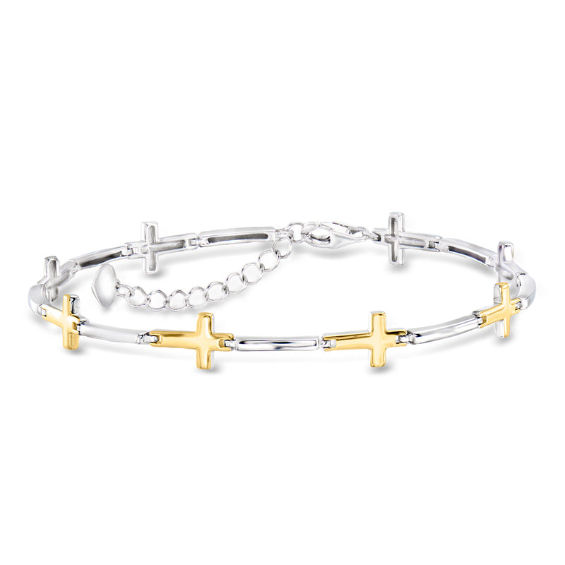 Sterling Silver and 18kt Gold Over Sterling Cross Bracelet