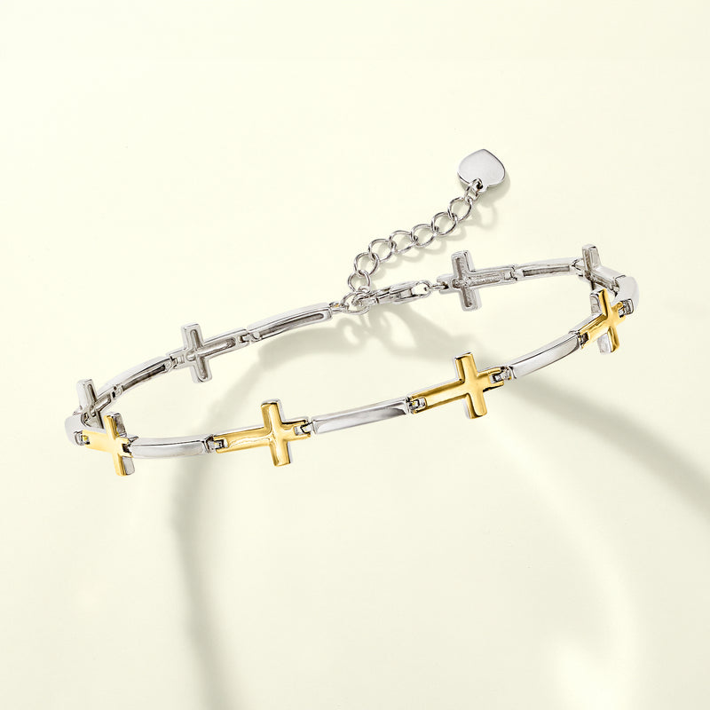 Sterling Silver and 18kt Gold Over Sterling Cross Bracelet