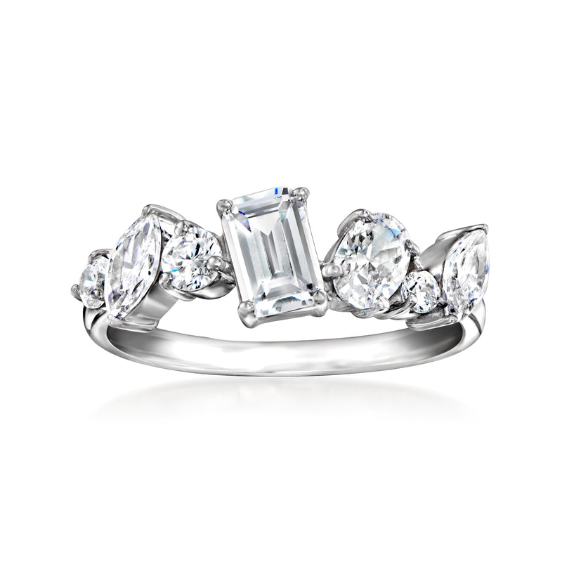 Sterling silver CZ ring with center emerald-cut stone and round side stones