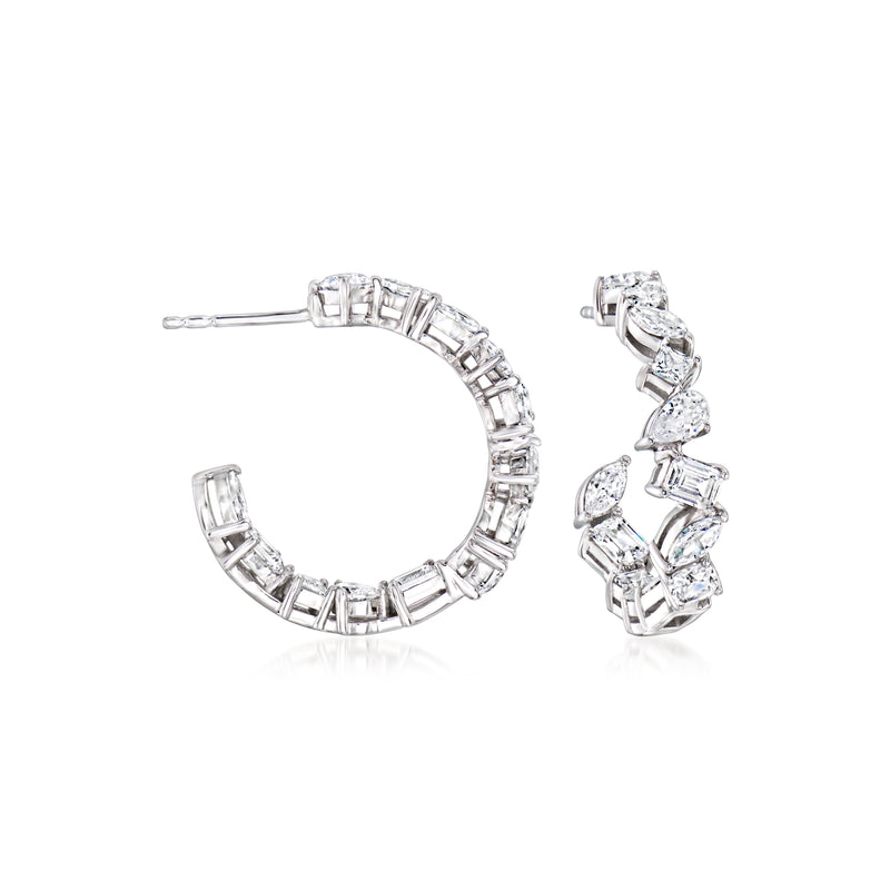 Sterling silver CZ hoop earrings with multi-shaped stones, front and side view