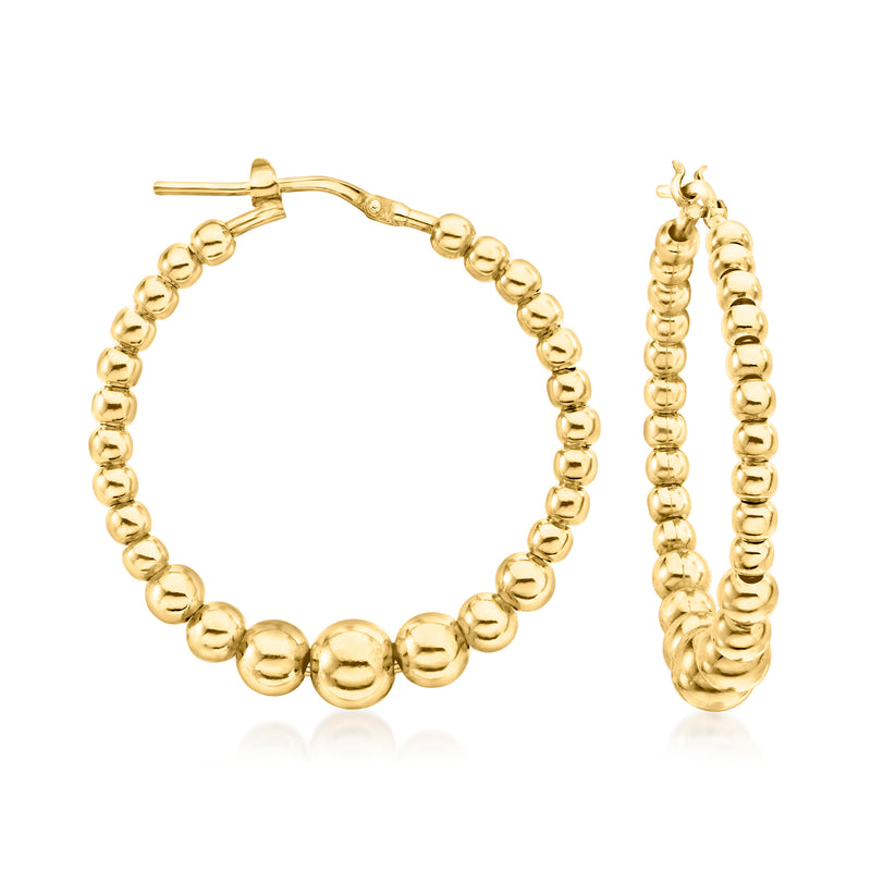 Gold bead hoop earrings with graduated spheres and hinged clasp, hoop style