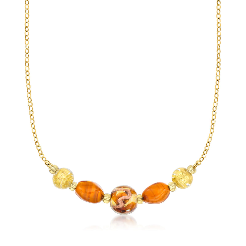 Gold over sterling bead necklace with orange and brown Murano glass-style beads