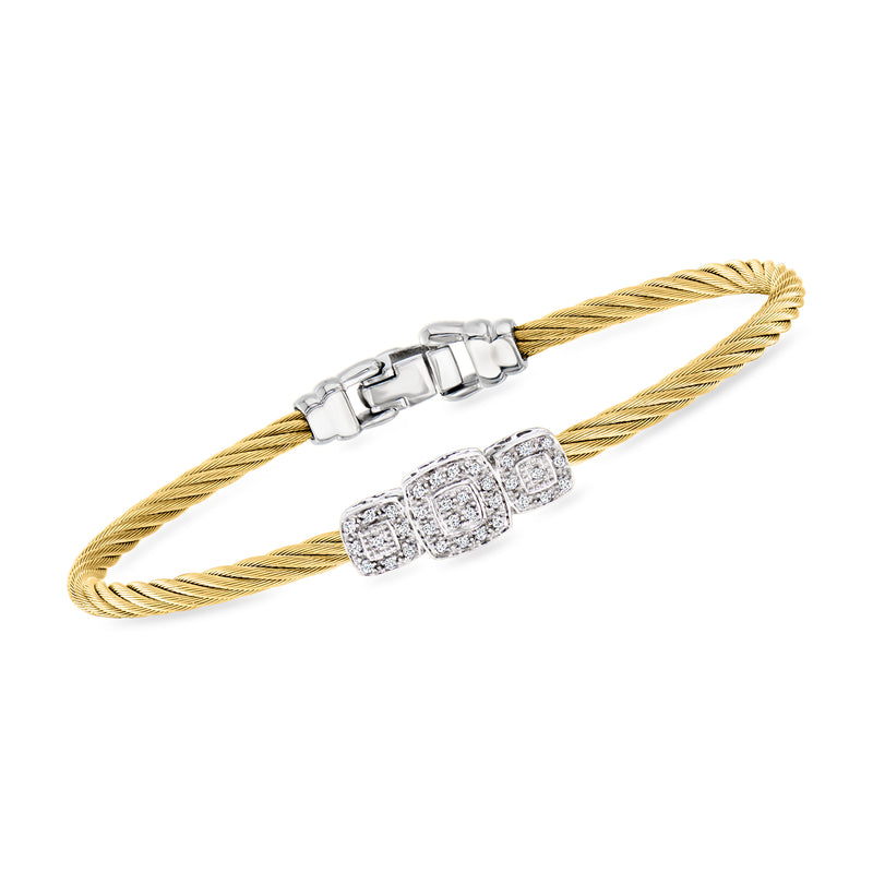 ALOR yellow stainless steel cable bracelet with diamond-look station and white gold accents