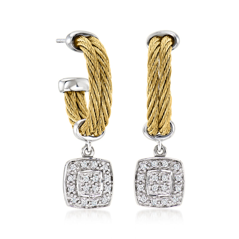 ALOR cable hoop drop earrings with diamond pavé square drops and white gold accents