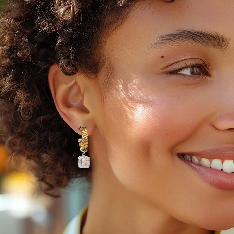 ALOR yellow cable hoop drop earring with diamond square accent