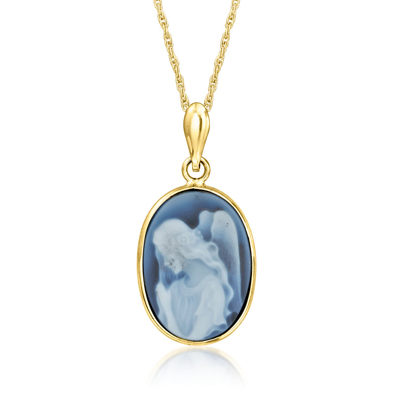 14kt yellow gold pendant necklace with oval blue agate angel cameo