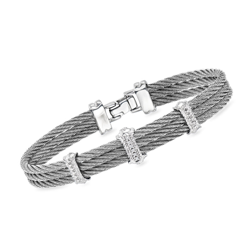 Gray stainless steel cable bracelet with diamond stations and 14kt white gold clasp