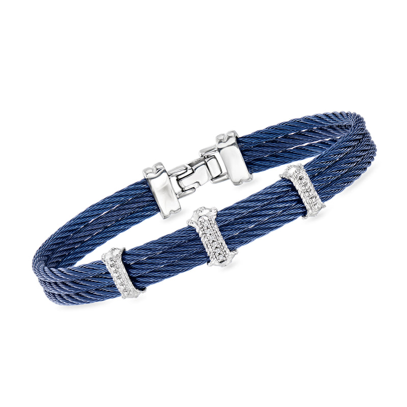Blue cable bracelet with diamond stations and white-gold clasp, stainless steel mesh