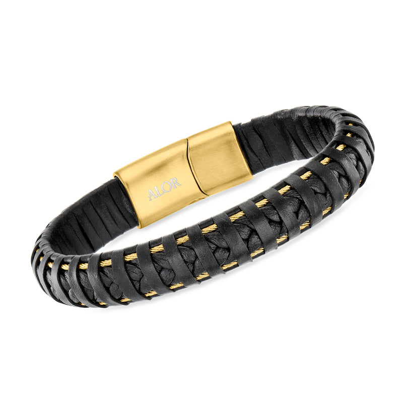 Men's black leather braided bracelet with gold clasp and ALOR engraving