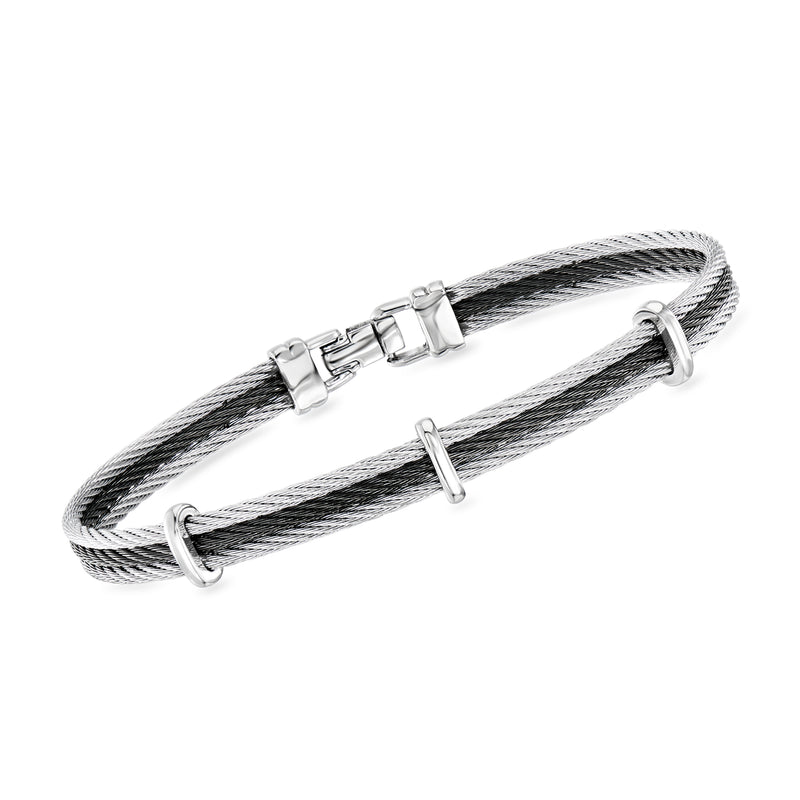 Men's stainless steel cable bracelet with black-gray braided links and clasp