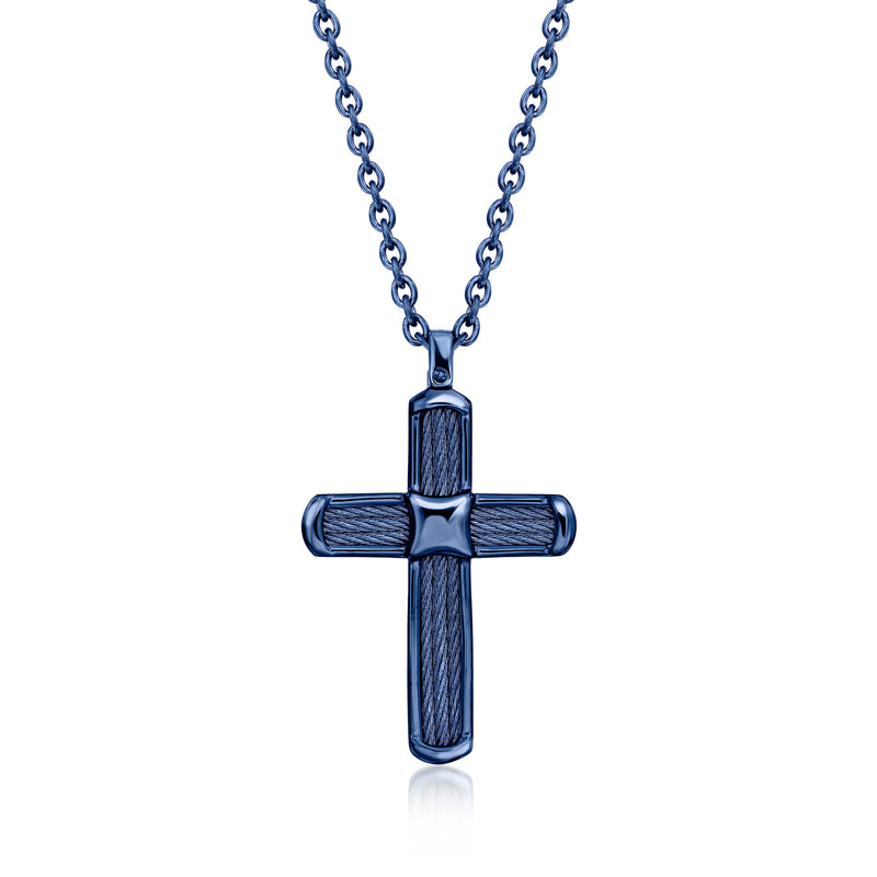 ALOR men's blue stainless steel cross pendant on chain necklace