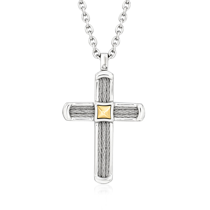 Men's stainless steel cable cross necklace with 14kt yellow gold accent