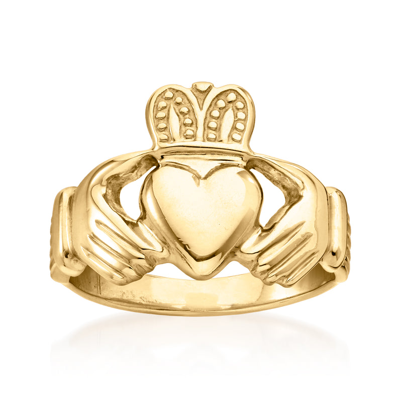 14k yellow gold Claddagh ring with heart and crown design