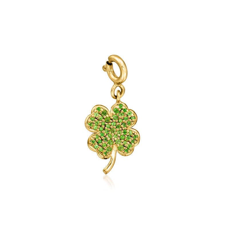 Four-leaf clover charm in 18kt gold over sterling with green gemstone detail.