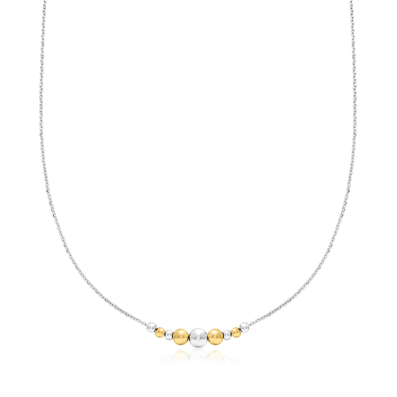 Graduated bead necklace with silver and gold round beads, fine chain