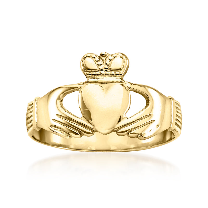 Vintage 14kt yellow gold Claddagh ring with heart, hands, and crown detail, front view