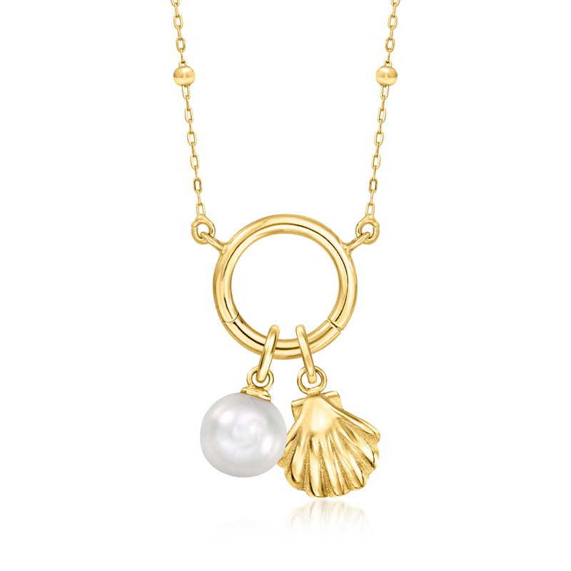 14kt yellow gold beaded link necklace with open ring charm, pearl, and shell