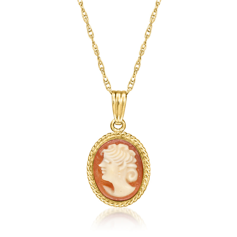14kt yellow gold cameo pendant necklace with brown shell oval portrait and link chain