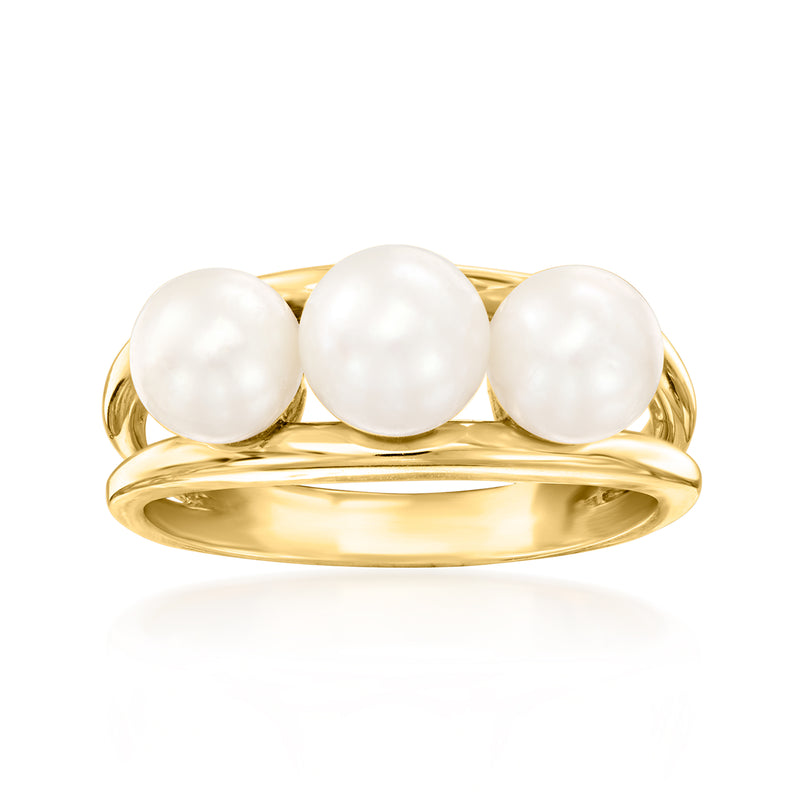 14kt yellow gold ring with three white cultured pearls, vintage style bezel setting