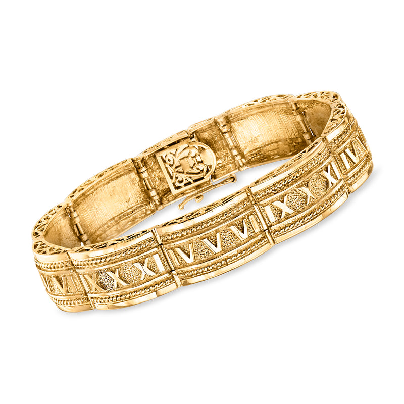 Vintage yellow gold roman numeral bracelet with engraved geometric link details